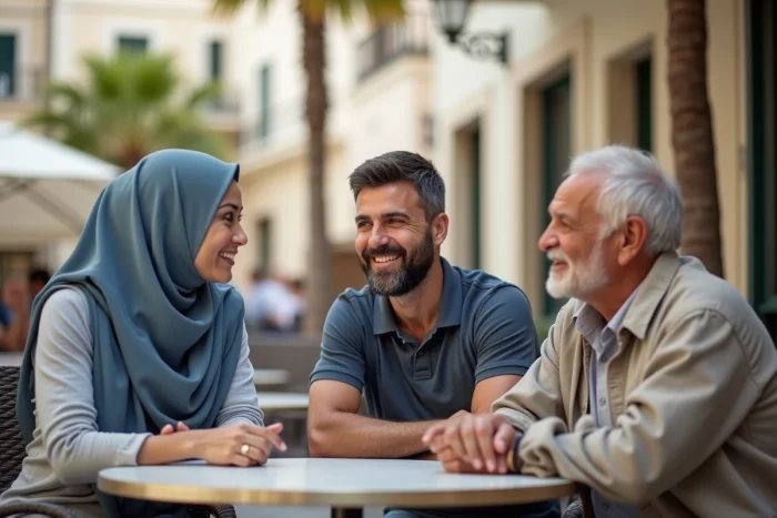 Groupe multiculturel attablé dans un café d'Ajaccio en Corse illustrant la diversité démographique