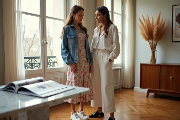 Deux femmes élégantes de générations différentes consultant un magazine de mode dans un appartement parisien lumineux