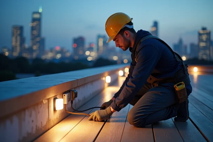 Électricien installant un circuit d'éclairage basse tension indépendant sur une terrasse rooftop avec boîtier étanche