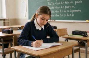 Élève de 6ème qui fait des exercices de classe grammaticale dans un cahier ouvert en classe de français