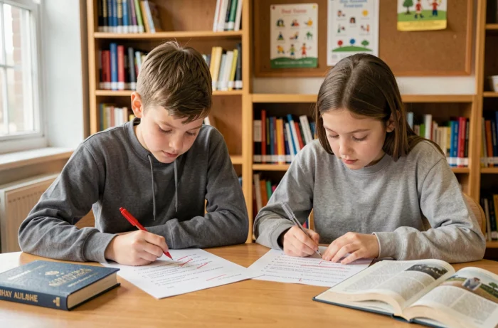 Deux élèves de 6ème qui révisent des exercices de classes grammaticales corrigés dans une bibliothèque scolaire
