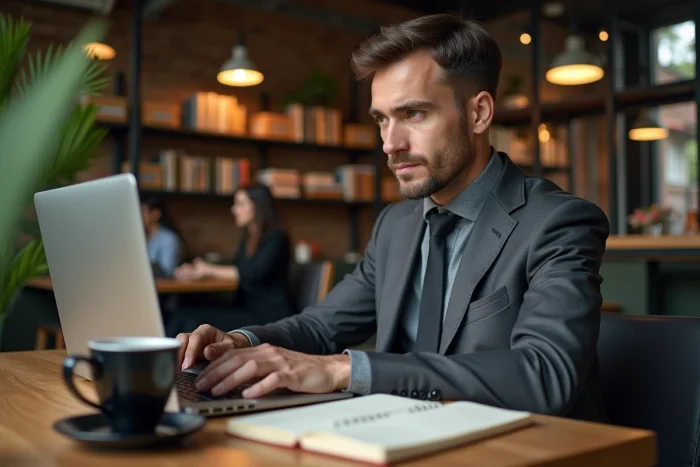 Entrepreneur concentré en costume charbon travaillant sur un ordinateur portable dans un espace de co-working tendance avec carnet de notes