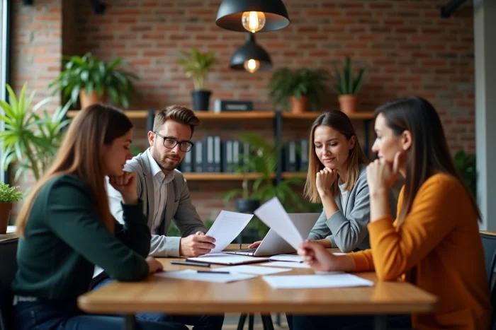 Équipe professionnelle bloquée dans l'attente d'une décision centralisée dans un espace de coworking, illustrant les freins à la croissance causés par la centralisation en entreprise