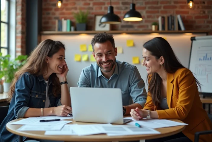 Équipe de professionnels collaborant sur des stratégies de croissance innovantes dans un bureau startup
