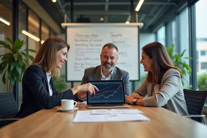 Équipe de professionnels discutant d'une stratégie d'investissement en blockchain autour d'une table de réunion
