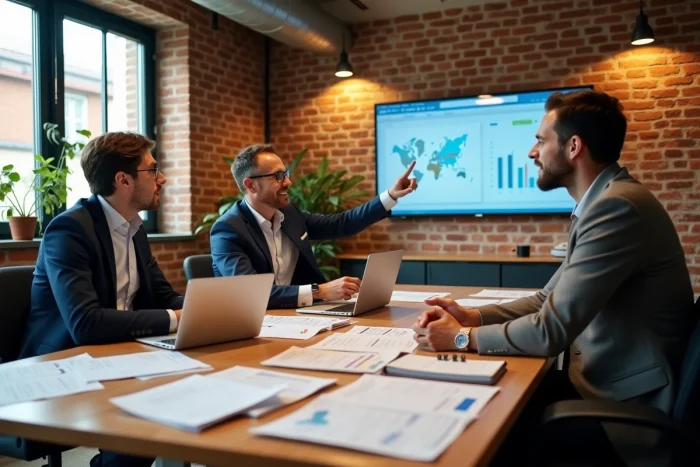 Équipe de professionnels diversifiée en réunion stratégique autour d'une table de conférence avec données et rapports d'entreprise