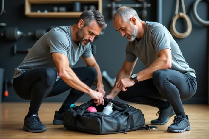 Homme préparant son sac de sport avec du matériel de fitness soigneusement organisé à domicile