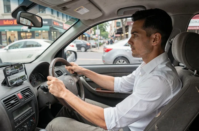 Homme effectuant un essai routier d'une voiture d'occasion en milieu urbain
