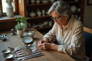 Femme experte examinant des couverts Christofle en argent anciens avec une loupe pour identifier les poinçons