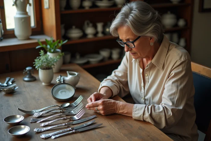 Femme experte examinant des couverts Christofle en argent anciens avec une loupe pour identifier les poinçons