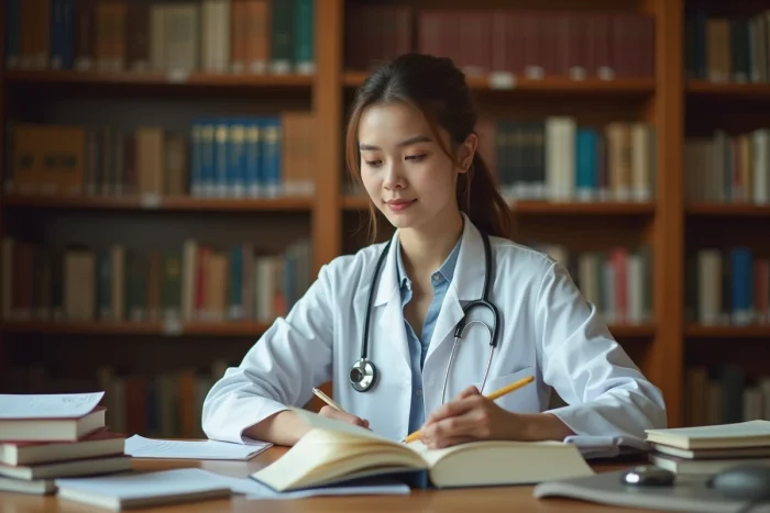 Étudiante en médecine qui révise dans une bibliothèque universitaire entourée de manuels médicaux