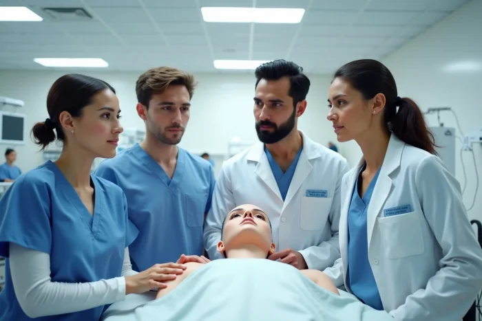 Groupe d'étudiants en médecine lors d'une séance de simulation clinique dans un centre de formation hospitalier