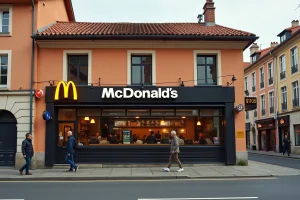 Façade extérieure du McDonald's de Villefranche-sur-Saône intégrée dans l'architecture locale