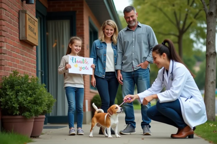 Une famille remercie leur vétérinaire devant la clinique avec une affiche dessinée à la main et un beagle en laisse