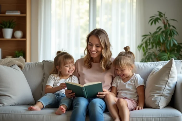 Femme et enfants partageant un moment de lecture dans un salon moderne, scène de vie familiale intime
