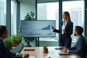 Femme d'affaires présentant des solutions innovantes de croissance à une équipe en salle de conférence moderne