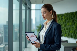 Femme d'affaires confiante en blazer marine tenant une tablette avec des graphiques devant une vue urbaine dans un bureau moderne