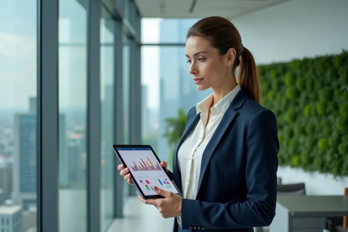 Femme d'affaires confiante en blazer marine tenant une tablette avec des graphiques devant une vue urbaine dans un bureau moderne