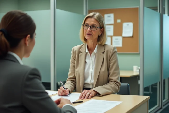 Femme en démarche administrative dans une agence CAF pour obtenir des informations sur le calcul du RSA