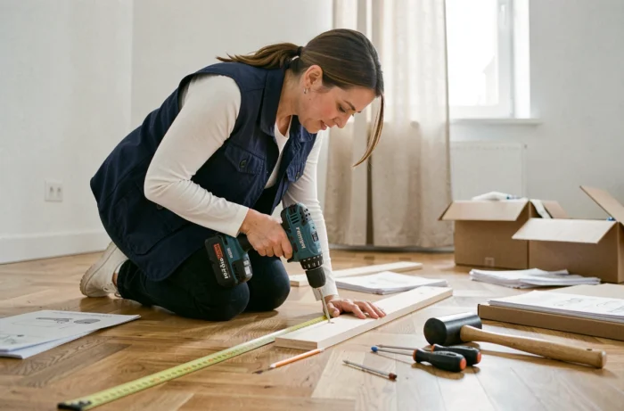 Femme bricoleuse assemblant des meubles avec une perceuse sans fil et des outils disposés sur un parquet en chêne