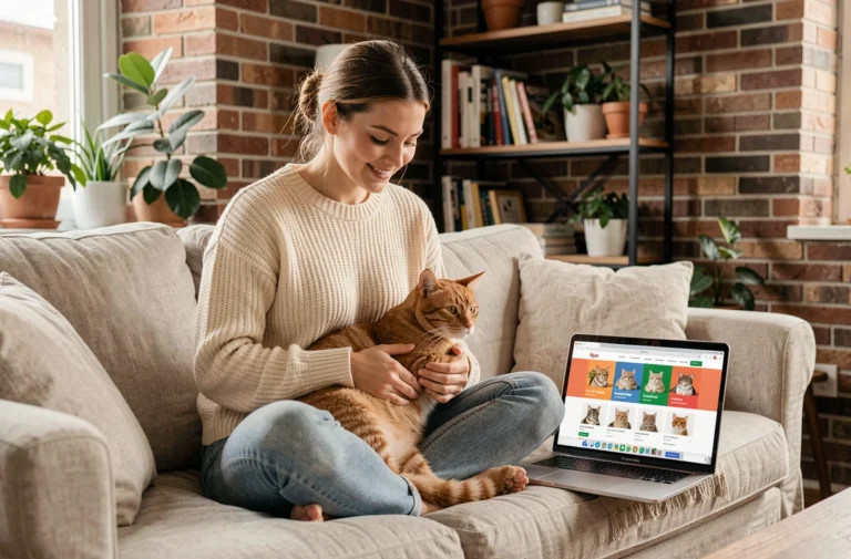 Jeune femme en pull crème parcourant une plateforme dédiée aux chats sur son ordinateur avec un chat roux sur les genoux