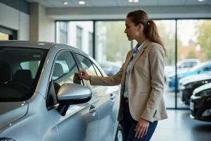 Femme examinant attentivement une berline moderne dans une concession automobile en 2024