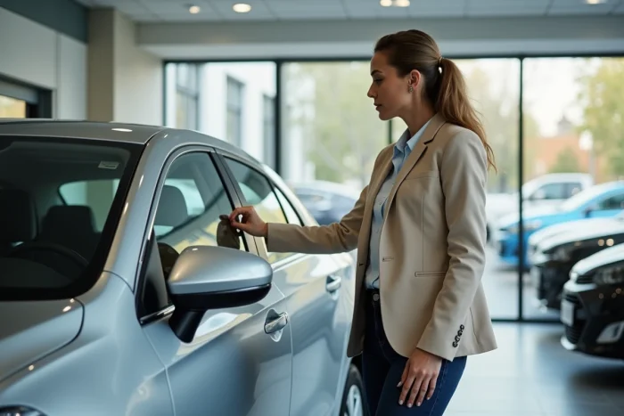 Femme examinant attentivement une berline moderne dans une concession automobile en 2024