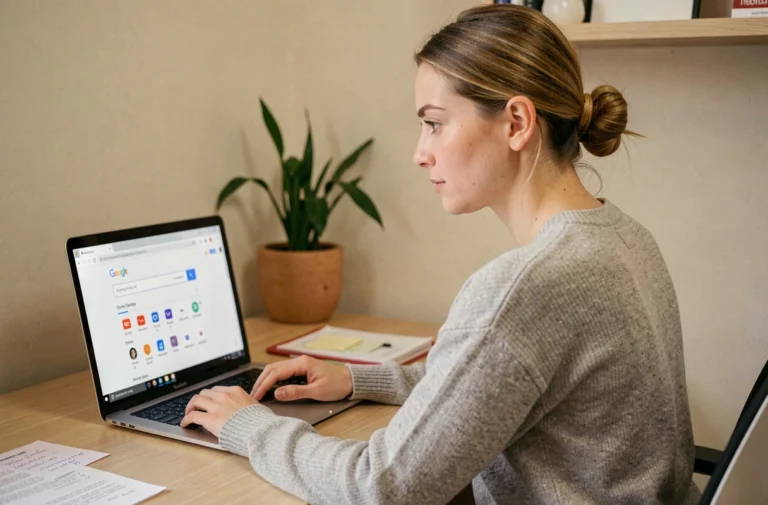 Femme consultant les paramètres d'un compte Google sur un ordinateur portable, illustrant la gestion des services Google et Gmail