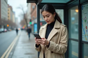 Jeune femme consultant l'application Mappy sur son smartphone à un arrêt de bus en ville pour suivre son itinéraire
