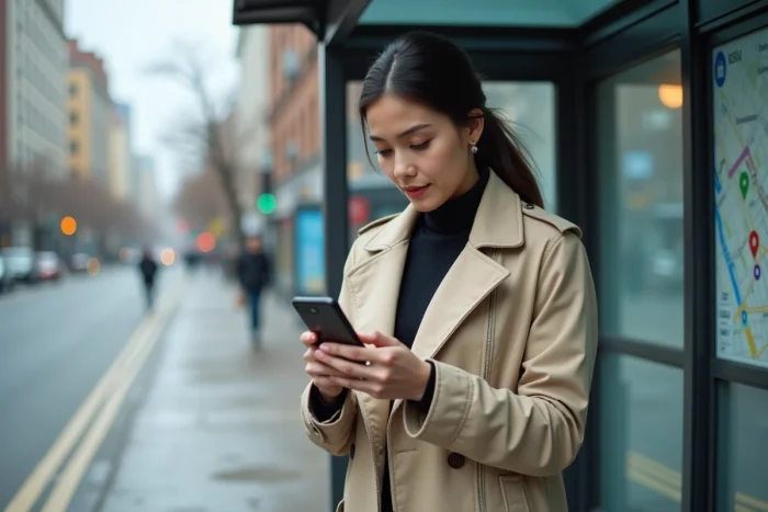 Jeune femme consultant l'application Mappy sur son smartphone à un arrêt de bus en ville pour suivre son itinéraire