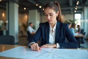 Femme consultant un plan de site imprimé sur un bureau en bois dans un open space moderne
