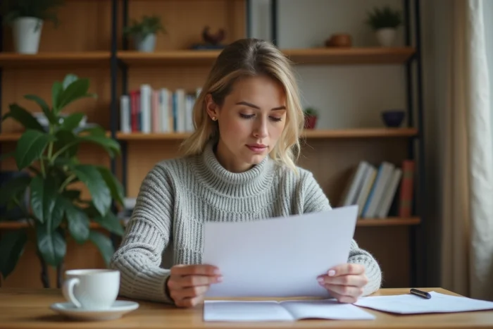 Femme consultant un document administratif officiel pour retrouver son numéro CPF à son bureau à domicile