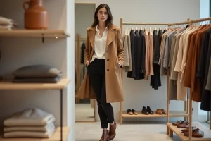 Femme élégante en manteau camel feuilletant des vêtements de saison dans une boutique de mode minimaliste