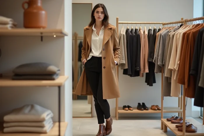 Femme élégante en manteau camel feuilletant des vêtements de saison dans une boutique de mode minimaliste