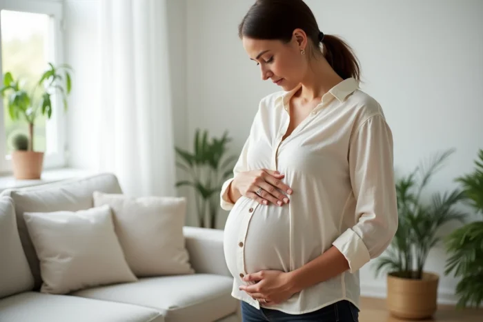 Femme enceinte en tenue décontractée tenant son ventre rond dans un salon moderne et lumineux