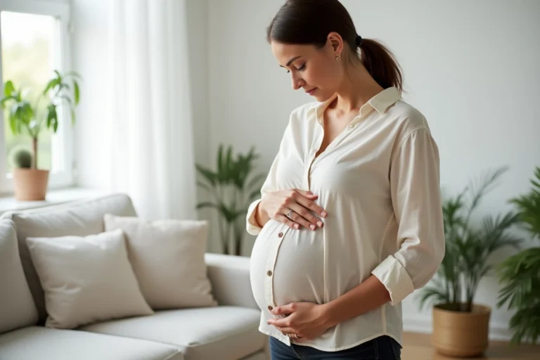 Femme enceinte en tenue décontractée tenant son ventre rond dans un salon moderne et lumineux
