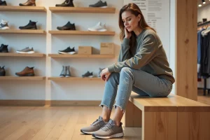 Femme essayant des chaussures Skechers dans un magasin moderne pour trouver la bonne taille