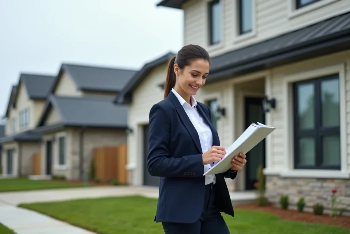 Femme professionnelle inspectant une maison neuve avec un clipboard lors d'une visite immobilière
