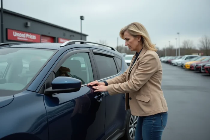 Femme inspectant un SUV d'occasion dans un lot de voitures d'occasion en plein air