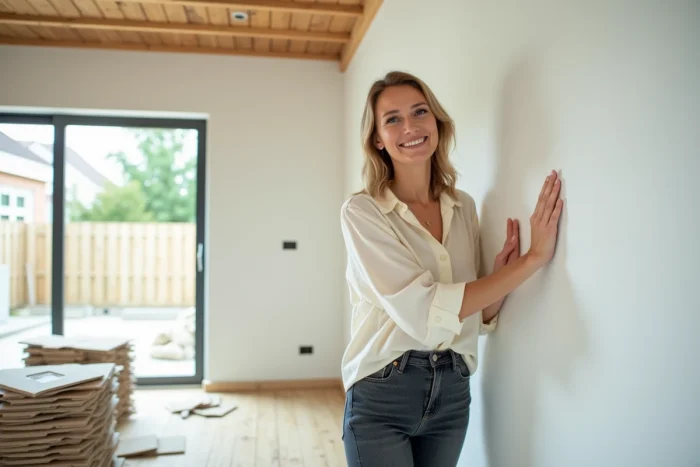 Femme découvrant l'intérieur de sa nouvelle maison en fin de chantier, heureuse de son projet immobilier