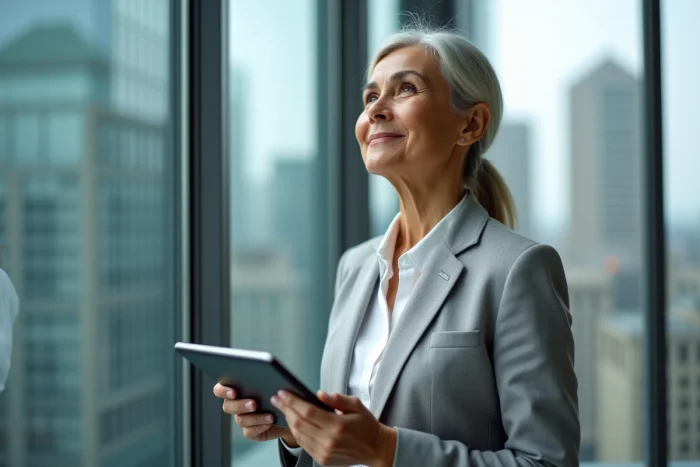 Femme investisseuse tenant une tablette avec une interface de plateforme blockchain dans un immeuble de bureaux