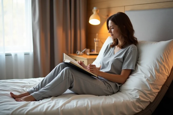 Femme assise sur un lit électrique réglable avec matelas en latex en position de lecture dans une chambre contemporaine