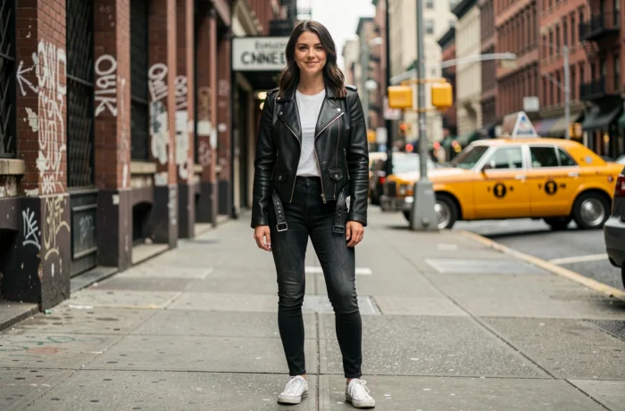 Femme portant un perfecto Schott en cuir noir dans une rue de Manhattan