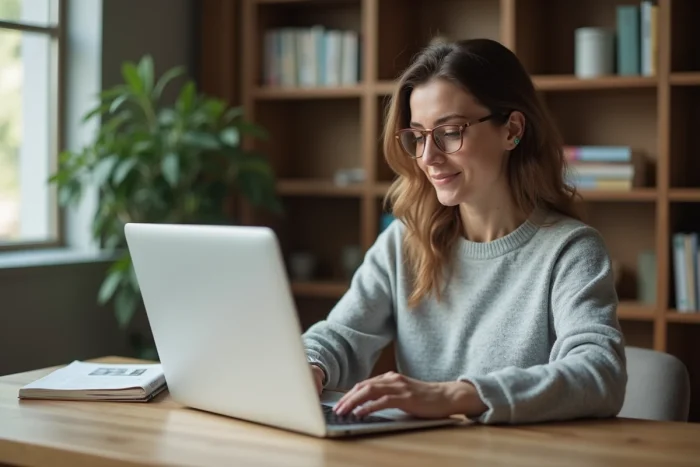 Femme publiant une petite annonce en ligne sur son ordinateur portable depuis son bureau à domicile