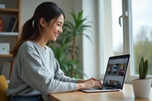 Femme recherchant une voiture sur une plateforme automobile en ligne depuis son bureau à domicile