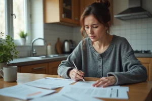Femme seule consultant des documents administratifs sur le RSA à une table de cuisine en bois