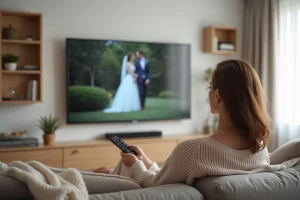 Femme regardant l'émission Mariés au premier regard en streaming sur sa télévision depuis son canapé