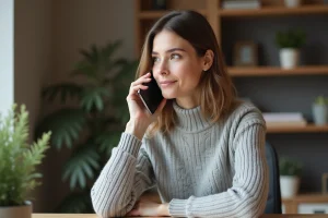 Femme au téléphone avec le service client Bouygues depuis son bureau à domicile
