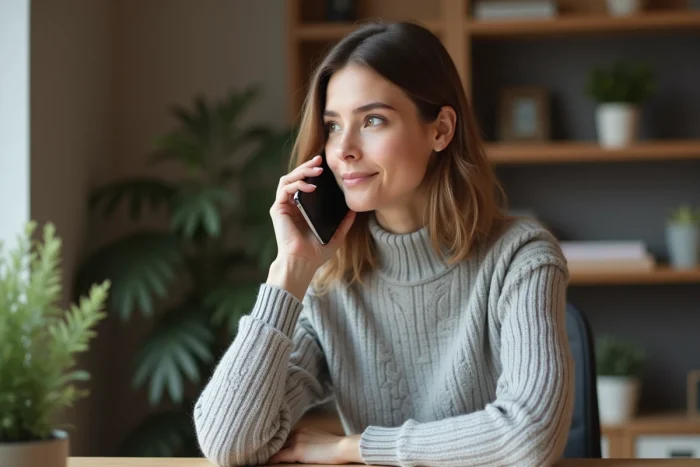 Femme au téléphone avec le service client Bouygues depuis son bureau à domicile