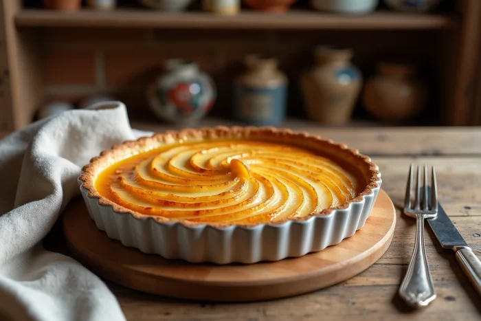 Flan aux pommes et yaourt maison sur une table en bois rustique, avec des tranches de pommes caramélisées disposées en spirale